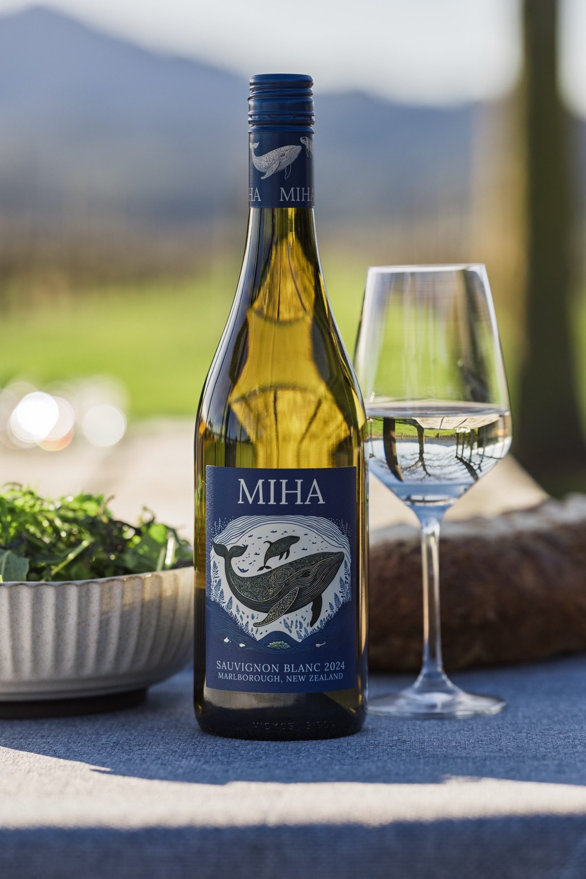 MIHA bottle and glass on a vineyard table